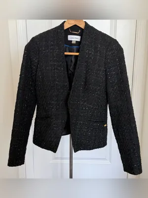Calvin Klein Metallic Bouclé Tweed Open Front Blazer Black 2 thumbnail 3