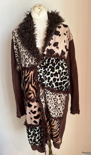 Storybook Knits Mixed Animal Print Brown Cardigan Medium Faux Fur thumbnail 1
