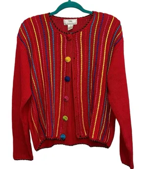 Vintage Lisa International Colorful Striped Knit Cardigan‎ Medium Red Button thumbnail 1