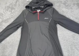 Asics Ladies Half Zip Hooded Jacket Women Running Workout Clothes Charcoal Red L thumbnail 1