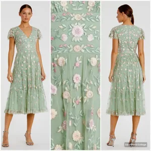 Mac Duggal 35104 Green Multicolor Embroidered V Neck Cap Sleeve Midi Dress thumbnail 2