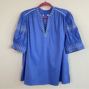 Chico's Poplin Drama Sleeve Top with White‎ Stitching Embroidery Size 12 thumbnail 2