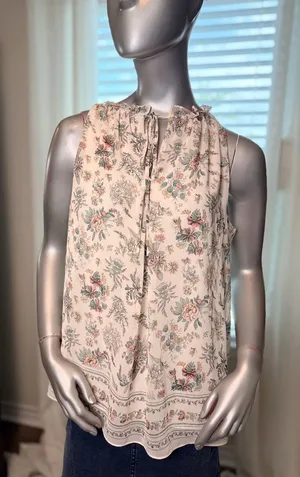 Max Studio Floral Sleeveless Blouse Large Boho Tie Neck Cream Ivory Cottagecore thumbnail 1