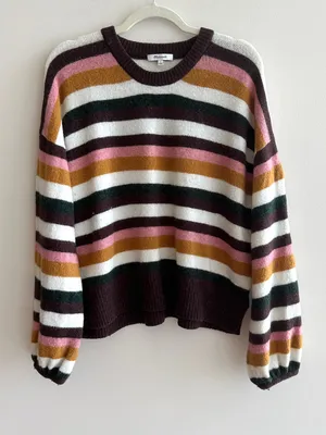 Madewell Women’s Payton Sweater Balloon Sleeve Stripe Cozy Wool Blend, Large thumbnail 3