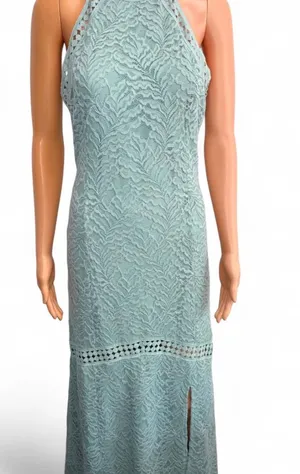 GUESS Sleeveless Mint Lace Halter Maxi Dress. Elegant mint lace halter maxi dress with delicate crochet trim. Soft mint color adds a fresh, feminine look. Halter neckline flatters the shoulders for a polished silhouette. Lightweight lace fabric offers breathable, comfortable wear. Ideal for weddings, garden parties, or special occasions. thumbnail 1