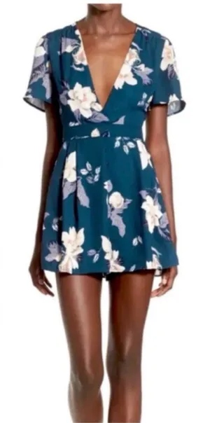 ASTR The Label Teal Floral Print Romper Shorts- Size Small thumbnail 1