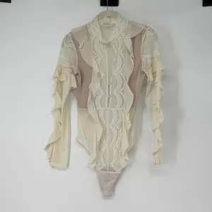For Love & Lemons White Lace Silk Blend Ruffle Bodysuit Victorian Romantic Sz S thumbnail 2