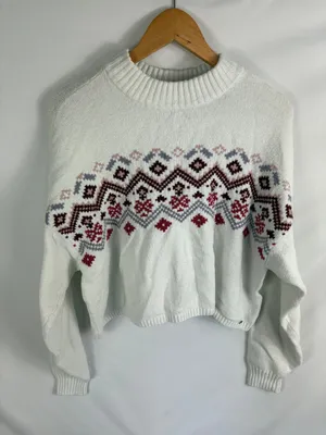 Hollister Patterned Front Crop Sweater White Size Large thumbnail 1