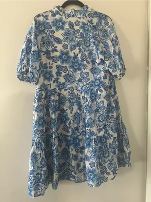 1.State Blue White Floral Puff Sleeve Mini Dress Large Cottagecore Prairie thumbnail 6