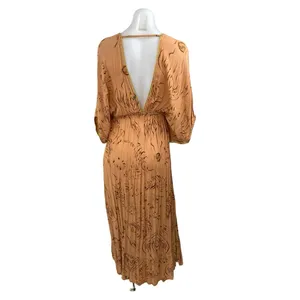 Z&L Tan Long Dolman Sleeve V Neck Pleated Open Back Blouson Maxi Dress Size S thumbnail 4