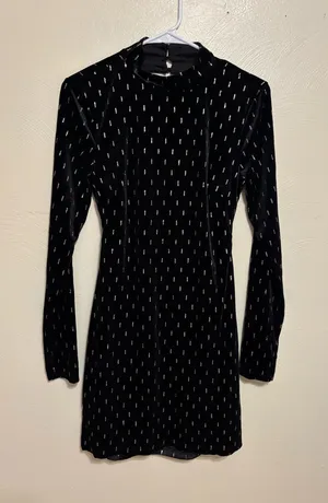 Emerald Sundae Black Velvet Long Sleeve Mini Dress with Silver Dot Detail thumbnail 1