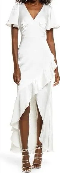 Lulus Eternal Bond White Satin Ruffled Flutter Sleeve Maxi Dress Size MEDIUM thumbnail 1