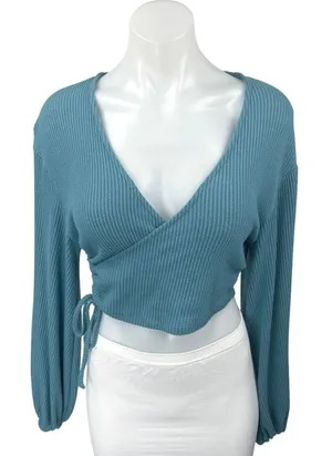 Urban Outfitters Blue Long Sleeve Ribbed Knit Wrap Cropped Sweater Top Size M thumbnail 1
