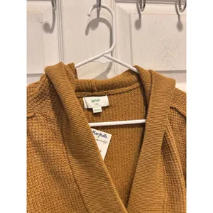Aerie Womens Mustard Yellow Waffle Knit Oversized V-Neck Pullover Hoodie L/G NEW thumbnail 3