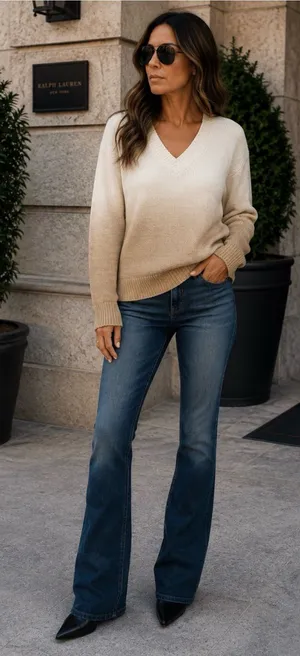 Talbots 100% Cotton Neutral Ombre V-Neck Sweater thumbnail 1
