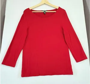 Lauren Ralph Lauren Red‎ Boat Neck Long Sleeve Top Viscose Stretch Large thumbnail 1