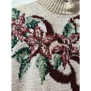 Vntg Talbots Christmas Holly Poinsettia Sweater Womens XL Bow Ivory Knit By Hand thumbnail 3