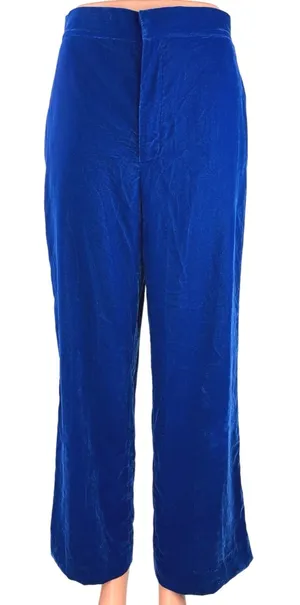 Zara Blue Velvet Velour High Waist Wide Flared Leg Crop Ankle Trousers Pants S thumbnail 1