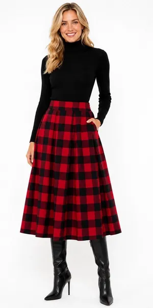 Red & Black Checker Print Pleated A-Line Midi Skirt thumbnail 1