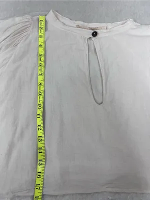 Free People Women's Cream gathered Puff-Sleeve Button Neck Top neckline thumbnail 6