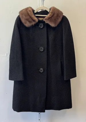 Vintage John Wanamaker Fur Collar Textured Wool Overcoat ILGWU Union Made Black thumbnail 1