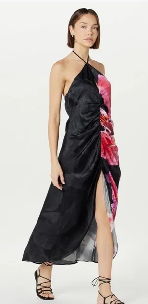 The Drop Ruched Front Slit Halter Maxi Dress Black Floral M NWT thumbnail 1