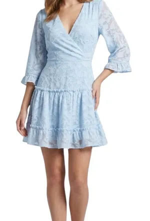 Miss Selfridge ASOS Light Blue Lace Mini Dress Lace Up Back Tiered 6 S thumbnail 1