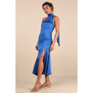 NWT Lulus Reglan Blue Satin One-Shoulder Sash Midi Dress Bridesmaid Gala Size S thumbnail 7