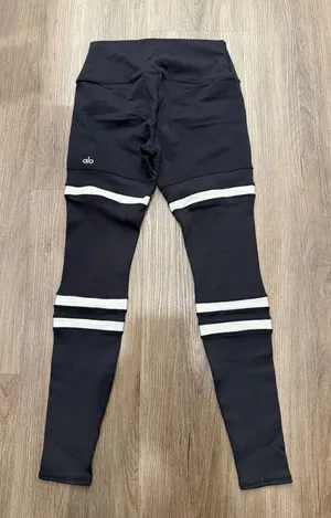 Alo Yoga High-Waist Legit Leggings Black Varsity Stripe Ribbed‎ Sz M thumbnail 1