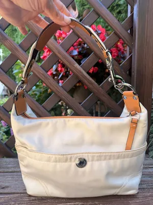 Coach Hampton Hobo Nylon Cream Tan Leather Shoulder Bag F11668 thumbnail 1