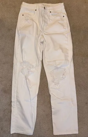 American Eagle Outfitters White Straight Leg Jeans with Distressed Knees thumbnail 1