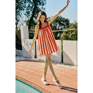 SO ME Stripe Cotton Scallop Side Pocket Lined Mini Dress Red - Large thumbnail 7