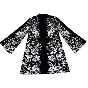 London Times Black White Floral Knit Sweater Dress Mock Neck Bell Sleeve Large thumbnail 2