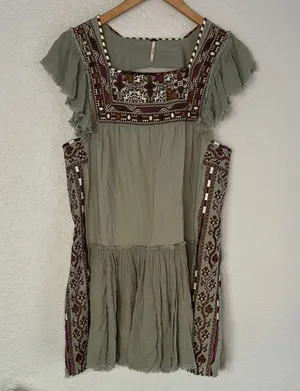 Free People Embroidered Boho Dress Aztec Southwestern Cottage Babydoll Sage Fall thumbnail 1
