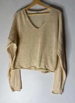 Madewell v neck linen long‎ sleeve sweater butter yellow/sand size small thumbnail 1
