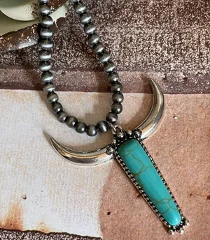 New Blue and Silver Longhorn Pendant on 18” Beaded Navajo Style Chain thumbnail 4