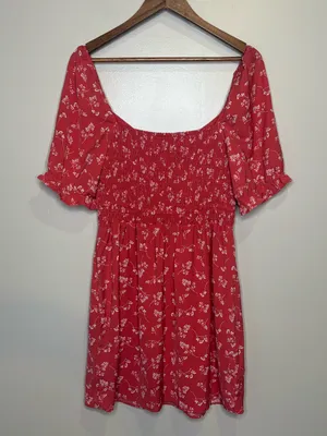 Abercrombie & Fitch Red Ditsy Smocked Floral Print Puff Sleeve Mini Dress thumbnail 9