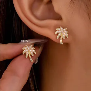 Palm Tree Earrings with Pearls Gold thumbnail 3
