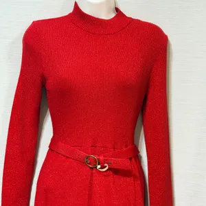 Free People Red Metallic Lurex Mock Neck Belted Ribbed Sweater Mini Dress Small thumbnail 5