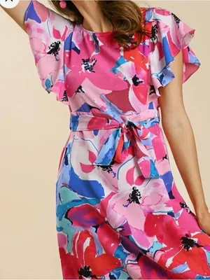 Umgee Bright Floral Belted Midi Dress Size Small thumbnail 1