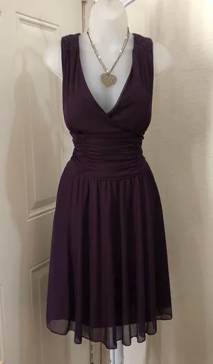 Jessica Howard Y2K Dark Purple Fairy Grunge Whimsygoth Prom Formal Sleeveless V-Neck Ruched Corset Dress Handkerchief Flowy Hem Mini/Midi Size 14/L-Measurement in pics thumbnail 1