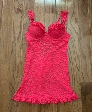 Y2k Victoria’s Secret hot pink mesh heart print lace padded chemise slip thumbnail 1