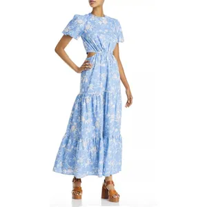 Wayf Plaza Floral Cut-Out Tiered Maxi Dress Size Small Blue and White thumbnail 3