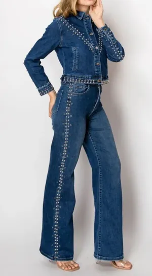 Studded Blue Denim Jacket & Jean Set Size L thumbnail 1