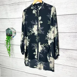 Tahari Black Floral Long High Low Shirttail Hem Button-Up Blouse Top Size Medium thumbnail 2