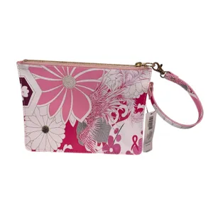Chico’s Breast Cancer Awareness Pink‎ Floral Wristlet Clutch NWT Ribbon Zipper thumbnail 2