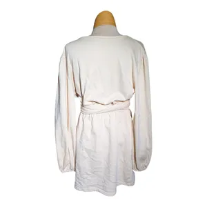 Sabo Skirt Ivory Gathered Long Sleeve Tie Waist Cotton Blend Mini Dress Sz M thumbnail 3