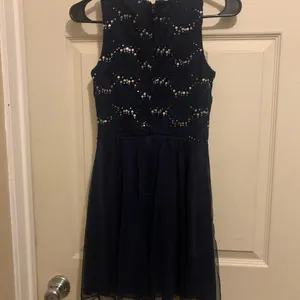 Navy blue sleeveless micro mini dress with sequins thumbnail 4