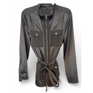 White House Black Market‎ Womens Black Satin Belted Utility Safari Jacket Zip Up thumbnail 3