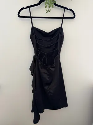 Black Satin Ruched Bodycon Homecoming Mini Dress with Side Ruffle Detail thumbnail 5